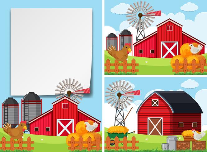 Three scenes with barns and chickens vector