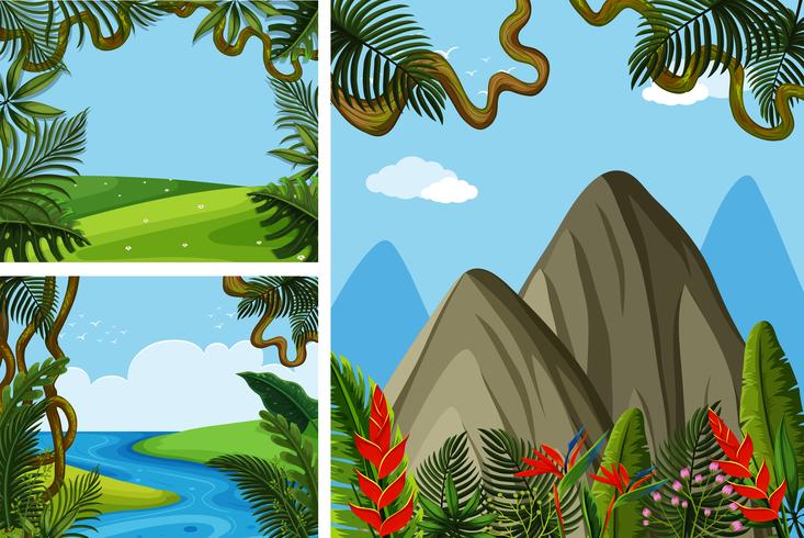 Tres escenas de campo y montañas. vector