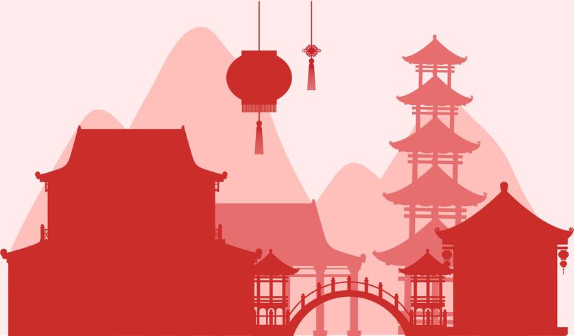 Diseño de fondo con edificios de silueta en rojo. vector