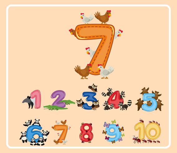Number seven and other numbers with animals vector
