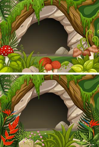 Dos escenas de cueva y flores. vector