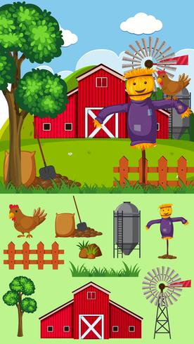 Farm scene with scarecrow and other elements vector