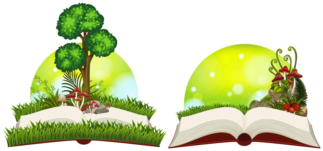 Libro de la naturaleza con hierba y arbol. vector