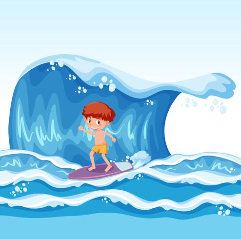 Young boy surfing on wave vector