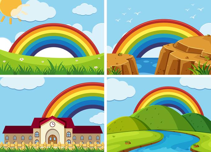 Four scenes with rainbow in the sky vector