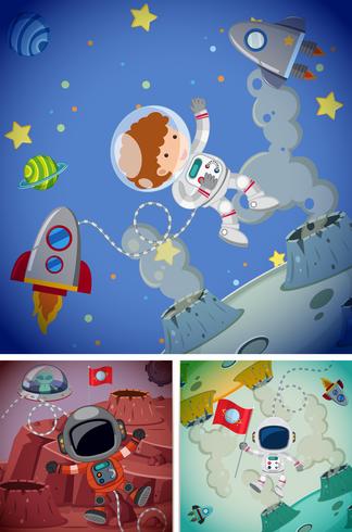 Escenas espaciales con astronautas y naves espaciales. vector