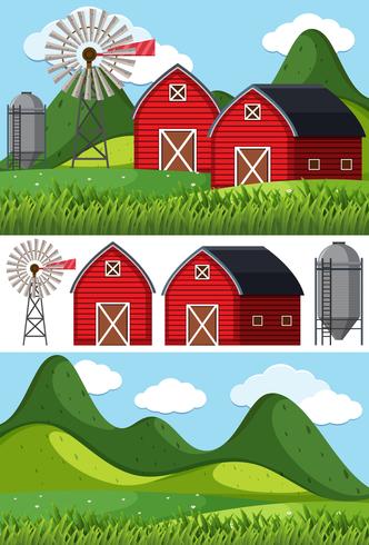 Farm scenes with red barns and windmill vector