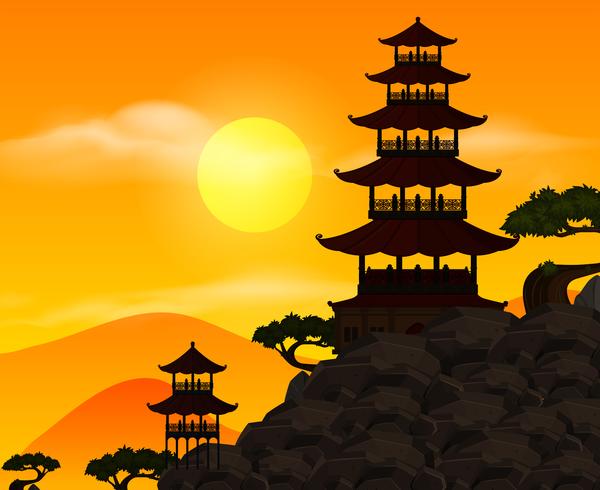 Background scene with silhouette building at sunset vector