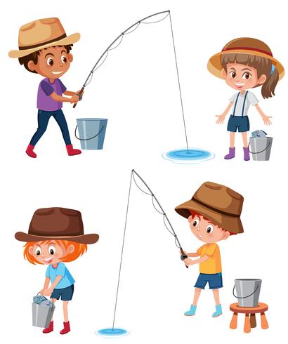 Conjunto de niños pescando vector