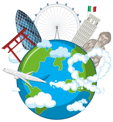 Landmarks on globe with airplane vector