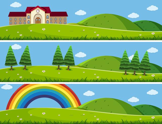 Three background scenes with green lawn vector