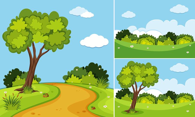 Three scenes with trees and grass vector