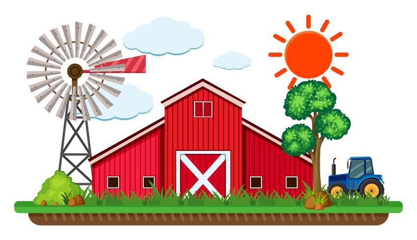 Scene with red barn and blue tractor vector