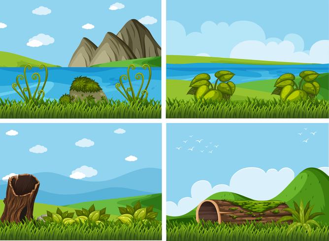 Cuatro escenas de fondo con ríos y campo. vector