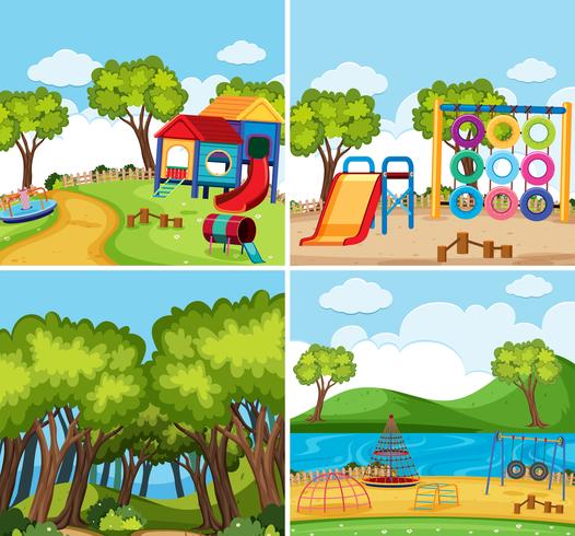 Cuatro escenas de fondo con juegos infantiles y bosque. vector