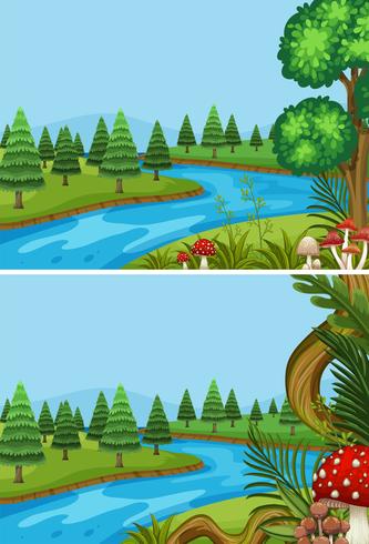 Two scenes with pine trees along the river vector