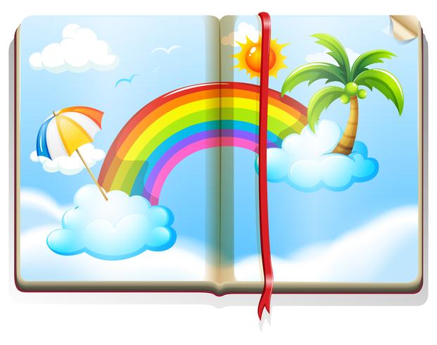 Libro con arcoiris en el cielo. vector