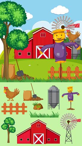 Farm background with scarecrow and barn vector