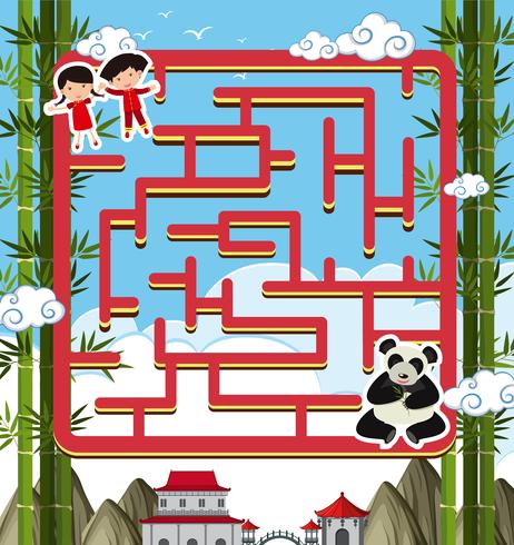 Maze game template with panda and kids vector