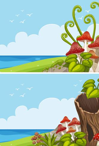 Two ocean scenes with mushroom in the field