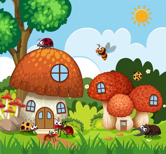Many insects flying around mushroom house in garden vector