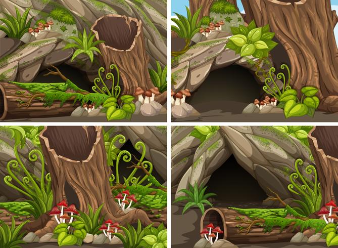 Four forest scenes with woods and cave vector