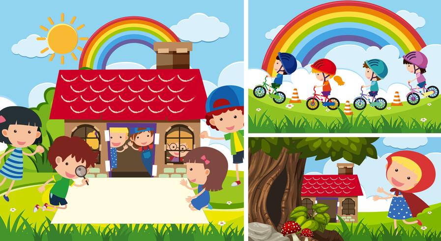 Tres escenas con niños jugando en el jardín. vector