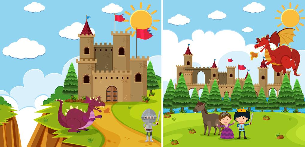 Two background scenes with dragon and knight vector