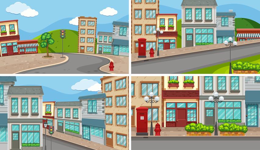 Four city scenes with many buildings and empty roads vector