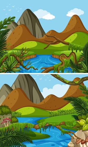 Two mountain scenes with river vector