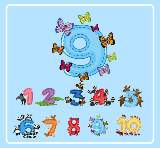 Flashcard design for number nine with butterflies vector