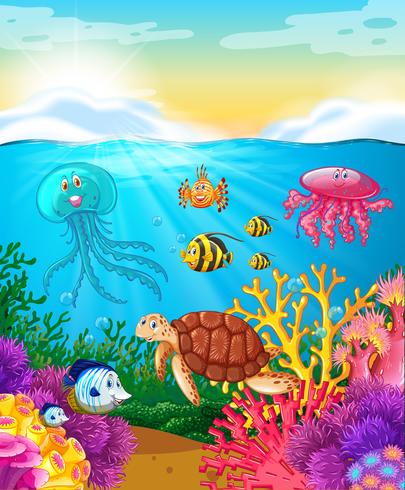 Animales marinos nadando bajo el mar vector