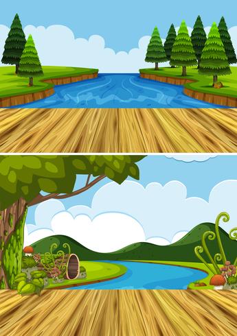 Two background scenes with river and trees vector