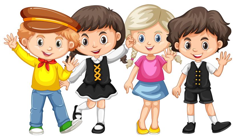 Four kids waving hands vector