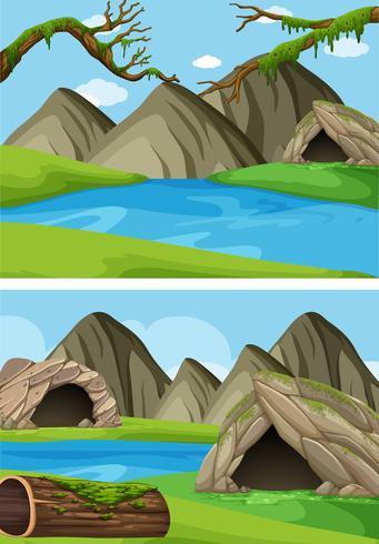 Dos escenas de fondo con montañas y ríos. vector