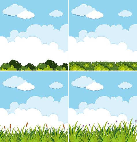 Cuatro escenas de fondo con cielo azul y hierba verde. vector