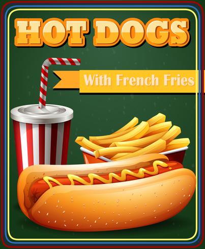 Hot dog y papas fritas en el menú de pósters. vector