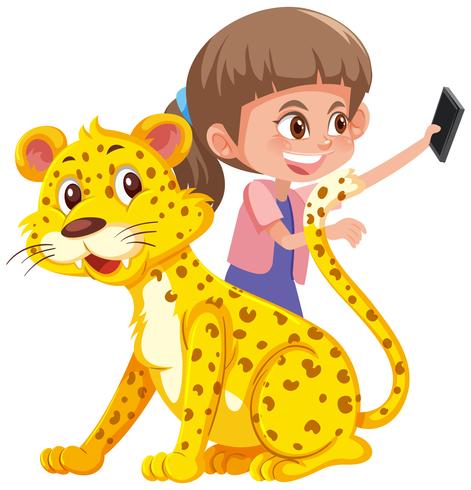 Una chica autofoto con tigre. vector