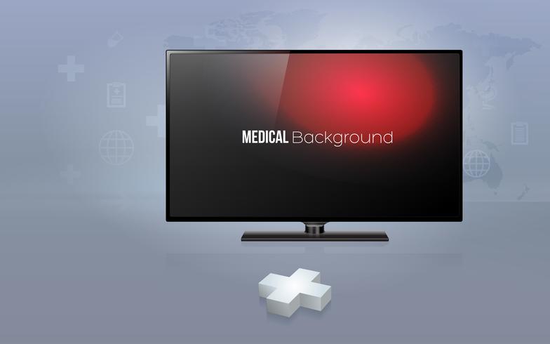 Signo más 3D con moderno televisor de pantalla plana con fondo de atención médica vector