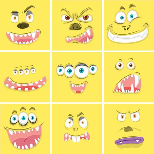 Conjunto de caras de monstruo amarillo vector