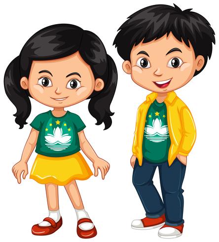 Niño y niña felices vistiendo camisa con la bandera de Macao vector