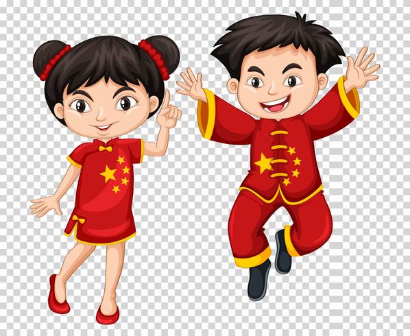 Two Chinese kids in red costume vector