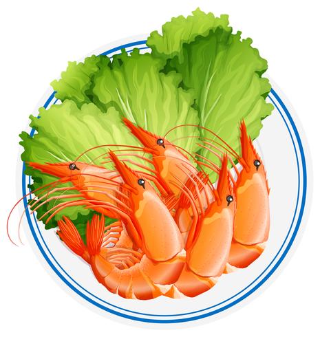 Cooked shrimps and vegetable on plate vector