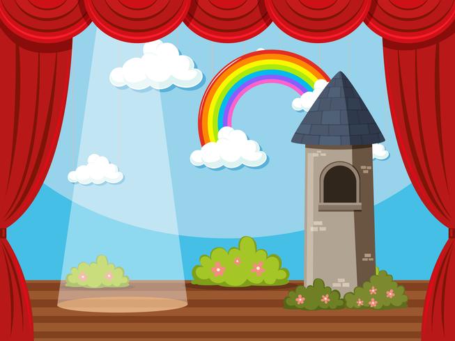 Fondo de escenario con torre y arcoiris. vector