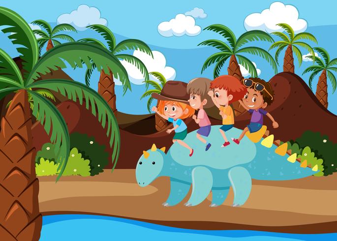 Niños montando dinosaurios en la naturaleza. vector