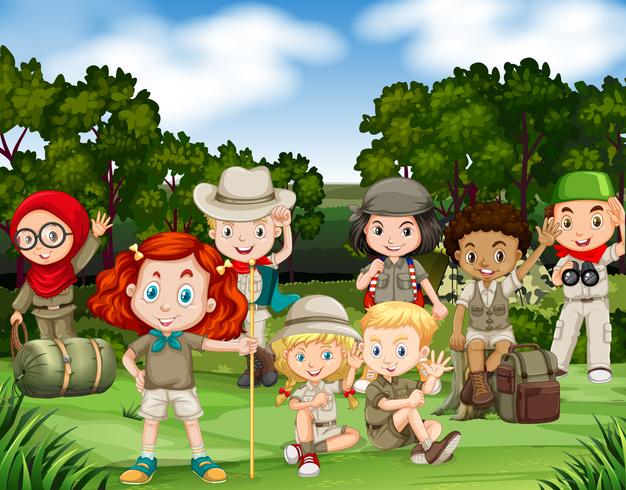 Children hiking in the woods vector