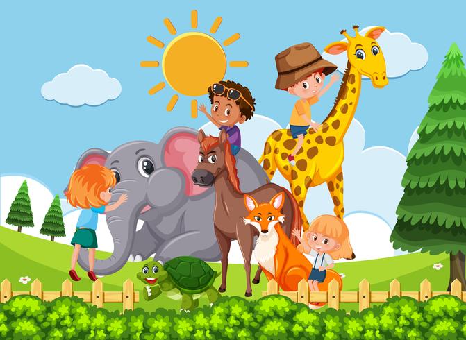 Children playing with wild animal vector