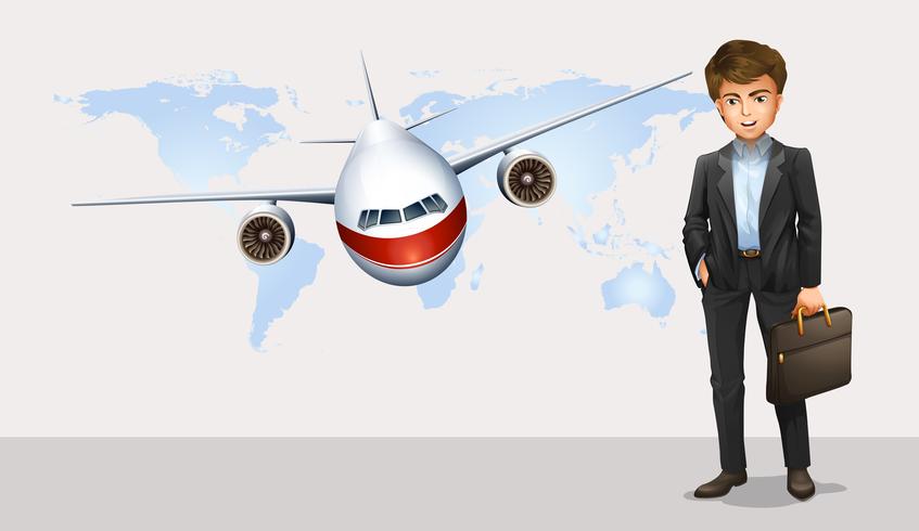 Businessman and airplane flying in background vector