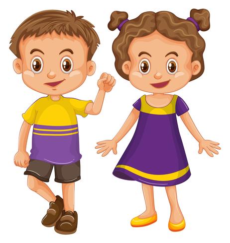 Lindo chico y chica en traje amarillo y morado vector