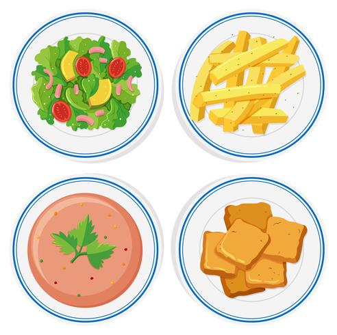 Comida diferente en los platos. vector